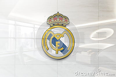 Real madrid club de futbol on glossy office wall realistic texture Editorial Stock Photo